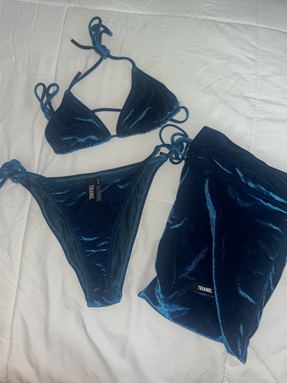 triangl swimwear Velvet Triangle Bikini Set in Teal Blue